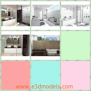 3d model the bathroom in the modern style - This is a 3d model of the bathroom in the modern style,which is modern and luxury.The lavatory has a sink,a bathtub,a mirror and a door.