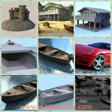 3d model the beach and the house - This is a 3d model of the beach and the house,which contains an old castle,a wooden house,the luxury car and a wooden boat.