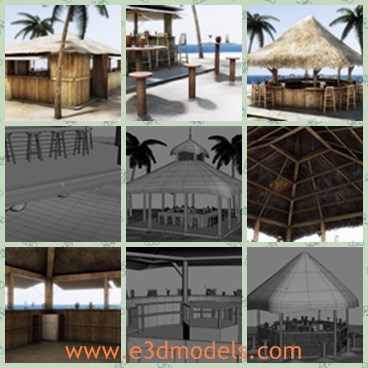 3d model the beach and the thatch - This is a 3d model of a set f the tropical beach.The model is a typical landscape in the area.The model is pretty and attractive.