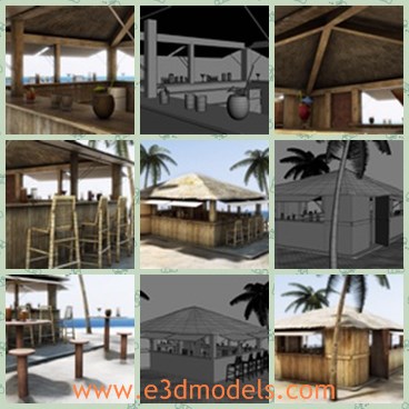 3d model the beach bar - This is a 3d model of the beach bar in the tropical area.The model is made of wooden materials and the roof is tilted and with special textures.