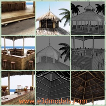 3d model the beach bar with a special roof - This is a 3d model of the beach bar with a special roof,which is made of wood and locates in the island of the tropical area.
