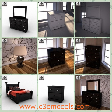 3d model the black furnitures in the bedroom - This is a 3d model of the scene of the bedroom,which is presented with a set of black furnitures,which includes the bed,the chest,the lamp and the dresser.