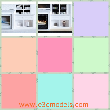 3d model the bookshelves - This is a 3d model of the bookshelves,which are white and tidy and pretty.The bookshelf is built near the fireplace and it is placed in the living room.