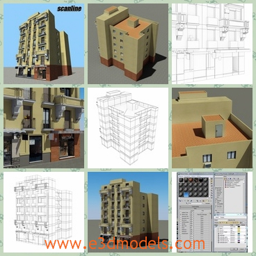 3d model the building with balcony - This is a 3d model of the building with balcony,which is painted and the hotel was built near it.