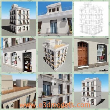 3d model  the building with four stories - This is a 3d model of the building with four stories,which is white and great.The building is charming for the large balcony.