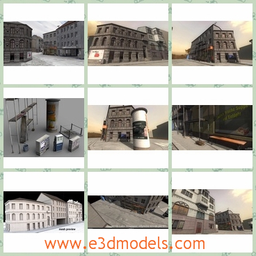 3d model the buildings with props - This is a 3d model of the buildings with props,which are tilted and looks likely to collapse into pieces.