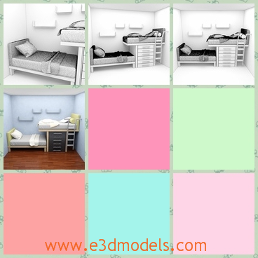 3d model the child bedroom - This is a 3d model of the child bedroom,which is small and cute and clean.The bed is place beside the wall and there is a desk near the bed.