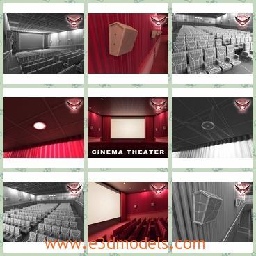 3d model the cinema in red background - This is a 3d model of the cinema in red background,which is large and glorious.The room is presented with the curtain and the hall can also be used as the auditorium.