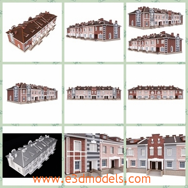3d model the classical townhouses with chimney - This is a 3d model of the classical townhouse with chimney,which are made of bricks and steels.The model is fine and attractive.