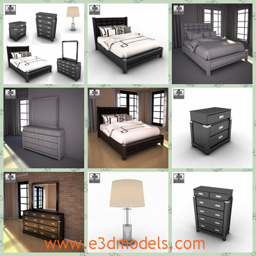 3d model the collection of furniture in the room - This is a 3d model of the collection of furniture in the room,whih is the bedside,the table,the lamp,the dresser and the mirror.