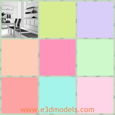 3d model the dining room - This is a 3d model of the dining room,which is detailed and made with good quality.The model contains chairs,desks,cabinet and shelves.