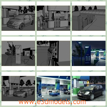 3d model the gas station with a car - This is a 3d model of the gas station with a car,which is built with a shop.The model is large and modern.