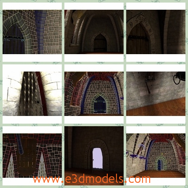 3d model the hall in a castle - This is a 3d model of the hall in the castle,which is made of bricks.The hall is tall and in the gothic style.The corridor is long and wide.