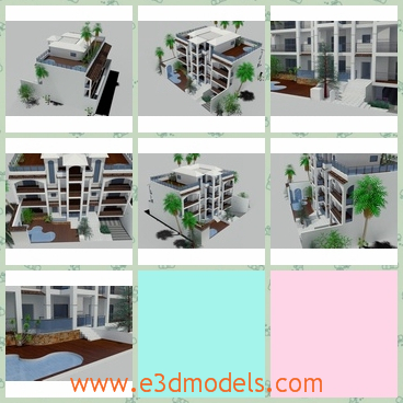 3d model the hotel in the resort - This is a 3d model of the hotel in the resort,which is the modern apartment.The building is fashional and spacious.