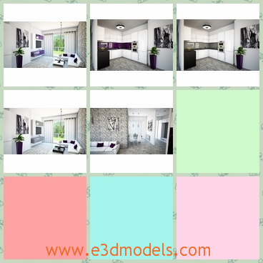 3d model the internal scene of the kitchen - This is a 3d model of the internal scene of the kitchen,which is modern and spacious.The model is linked to the living room.