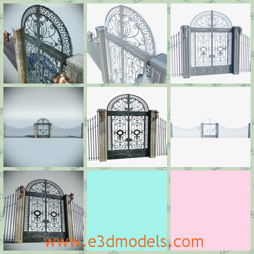 3d model the iron gate with ornament - This is a 3d model of  an old ornamental gate with columns, metal fence and 2 old wall lanterns.The model is the symbol of the host.