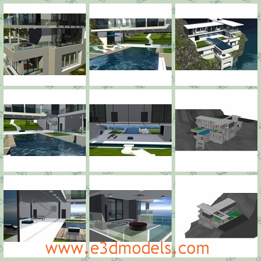 3d model the level house with a pool - This is a 3d model of the level house with a pool,which is buitl besides the cliff.The modern house is created by a famous creator.