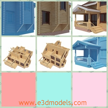 3d model the log house with 2 stories - This is a 3d model of the 2 stories log house,which is the cottage in the village and the porch of the house is stable and special.