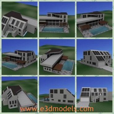 3d model the modern house - This is a 3d model of the modern house,which is spacious attached.The house is made of bricks and files.