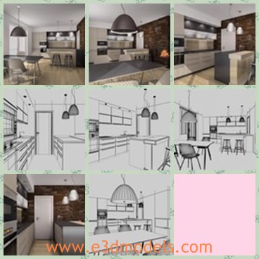 3d model the modern kitchen - This is a 3d model of the modern kitchen,which contains the stool,the counter,the cabinet,the fridge,the oven, the cooker and other furniture.