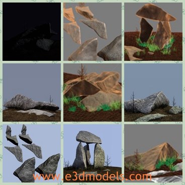 3d model the rock and the shrub - This is a 3d model of the rock and the shrub,which is a  set of natural construction elements adapted for realtime graphics. Three miniscenes in proper metric scale.