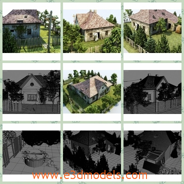 3d model the ruined house with a garden - This is a 3d model of the ruined house with a garden,which is old and abandoned.The model is large and fine.The model is built with a backyard.