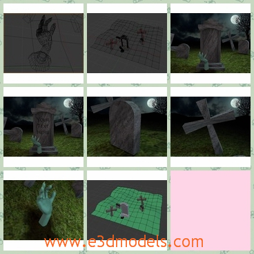 3d model the scary scenes - This is a 3dmodel of the scary scenes,which include the zombie hand near a gravestone,the crosses and the tombstones.