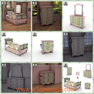 3d model the scene of the bedroom of a girl - This is a 3d model of the scene of the bedroom of a girl,which is presented with the cute dolls and other furnitures made in wood.