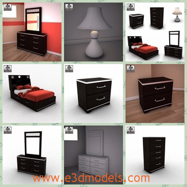 3d model the set in the room - This is a 3d model of the set of the furniture in the room,which includes the bed,the mirror,the lamp and the chest.