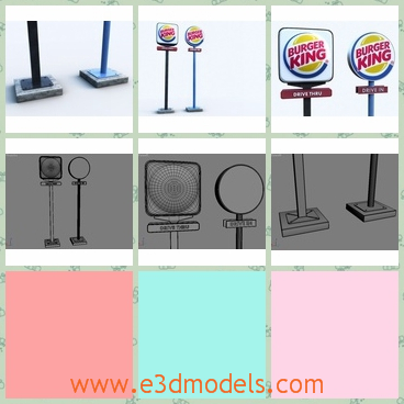 3d model the sign of burger king - This is a 3d model of the 2 road signs Burger king
,whichare high resolution textures, and standard materials in max file and in the archives.