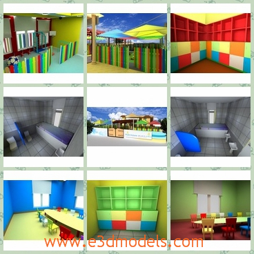 3d model the spacious school rooms - This is a 3d model of the spacious school rooms,which is painted colorful and charming.The room is for kids and the scene is attractive.