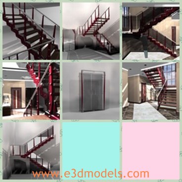 3d model the staircase - This is a 3d model of the modern staircase,which has a metal frame, glass railing and wooden steps.