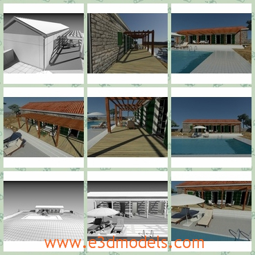 3d model the stone house with a swimming pool - This is a 3d model of the stone house with a swimmin pool,which is great and large.The wall is thick and solid and the roof was made in wood.