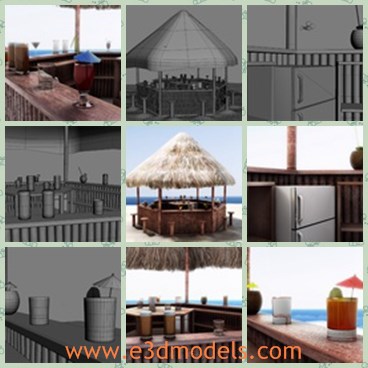 3d model the thatch with a round roof - This is a 3d model of the tropical thatch with a round roof,which is made in details.There are several famous cocktails in the bar.