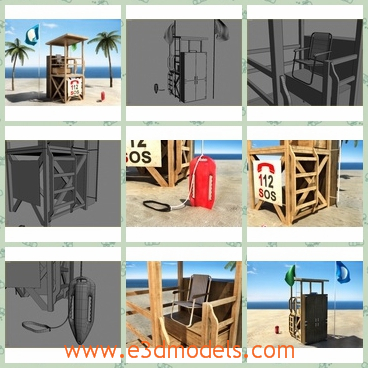 3d model the tower in the beach - This is a 3d model of the tower in the beach,which is wooden tower.The model has a chair with it.