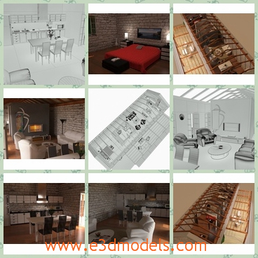 3d models about a stone house - These 3d models aree about a stone house which is furnished with modern furniture and has different rooms.