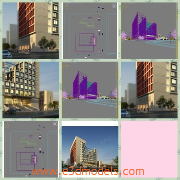 3d models of a big building - These are 3d models which show us different sides of a big building. The building has a  gray facade and a red wall on the left side.