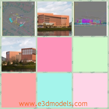 3d models of a big red building - These 3d models show us a very long building which located before a big pool. This building has pretty red walls and before it we can see many green trees.