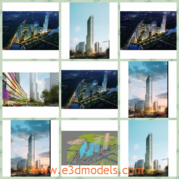3d models of a busy city - Here are several 3d models which depict the busy modern city where we can see huge cylindrical buildings and a cloudy sky.