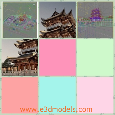 3d models of a Chinese temple - These 3d models are about an ancient Chinese temple which has many slanting eaves. It has two storeys and red pillars.