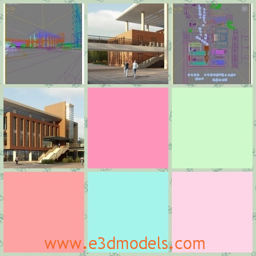 3d models of a long yellow building - Here are some 3d models which are about a long building with yellow surface. Before it there is a wide square where some people are walking leisurely.