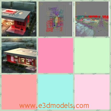 3d models of a red theater - There are some 3d models which are about a big theater with red walls and an flat gray top. This theater has a cubic shape.