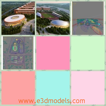 3d models of a school - These 3d models show us the overview of a school where one can see a round buildings and many long red buildings arranged in a neat order.