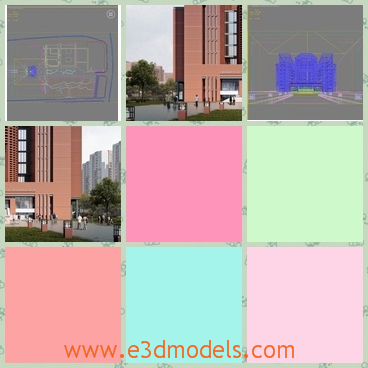 3d models of a tall red building - These 3d models are about a very tall building which has red walls and an oblong shape. Before it we can see many people and green trees.