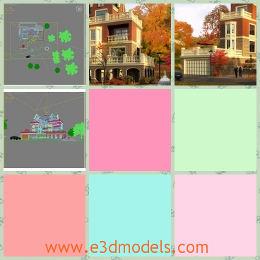 3d models of a victorian mansion - These 3d models are about a very charming victorian mansion. This mansion has red walls and white windows. Around the mansion we can see tall trees with yellow and red leaves.
