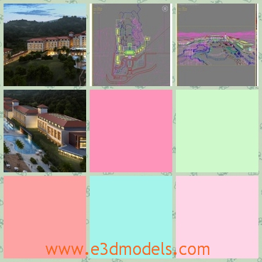 3d models of buildings in a resort - In these 3d models we can see some beautiful hotels located along the foot of a green mountain. In this resort the buildings have red tops and yellow walls.