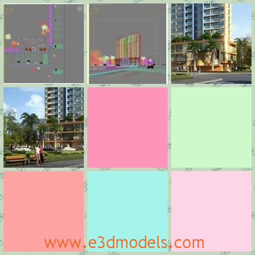 3d models of city buildings - These 3d models show us a corner of the city where one can see a tall building and many green trees.All Cars and Trees are V-Ray proxies.