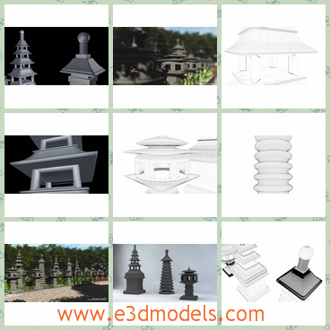 3d models of Japanese stone lanterns - These 3d models are about several Japanese stoen lanterns.These stone lanterns are antique in appearance and exquite in structure.There are 3 Mossy Stone textures UV mapped for the certain models and 1 clean Stone texture.