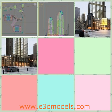 3d models of magnificent buildings - There are some 3d models about high buildings in the city. In a modern city there is a very high building with shiny black surface and golden base.