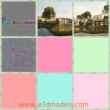 3d models of several buildings - Here are some 3d models which show us several buildings. These buildings have white walls and are of the same structure.